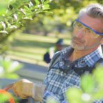 A man wearing a flannel shirt and safety glasses using a hedge trimmer on some tree branches in a public park.